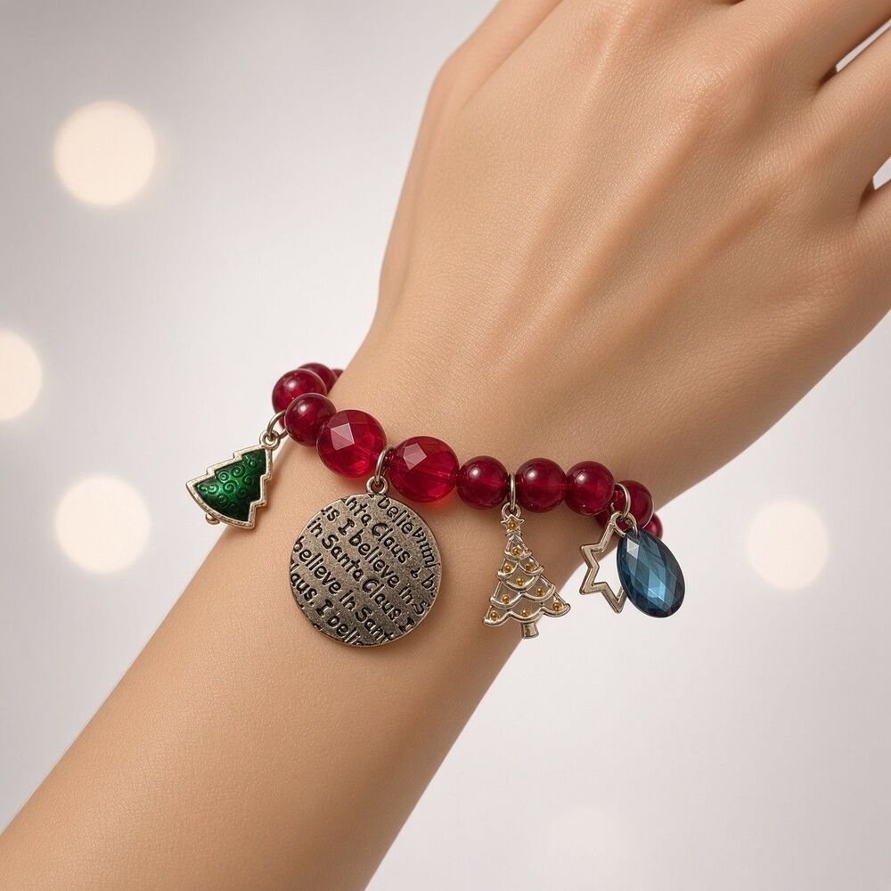 Christmas Charm Bracelet Magenta Beads I Believe in Santa Claus Tree Charms